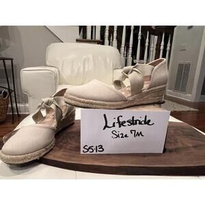 LifeStride Espadrille Wedge Sandals Womens Size 7M Beige Canvas Knot